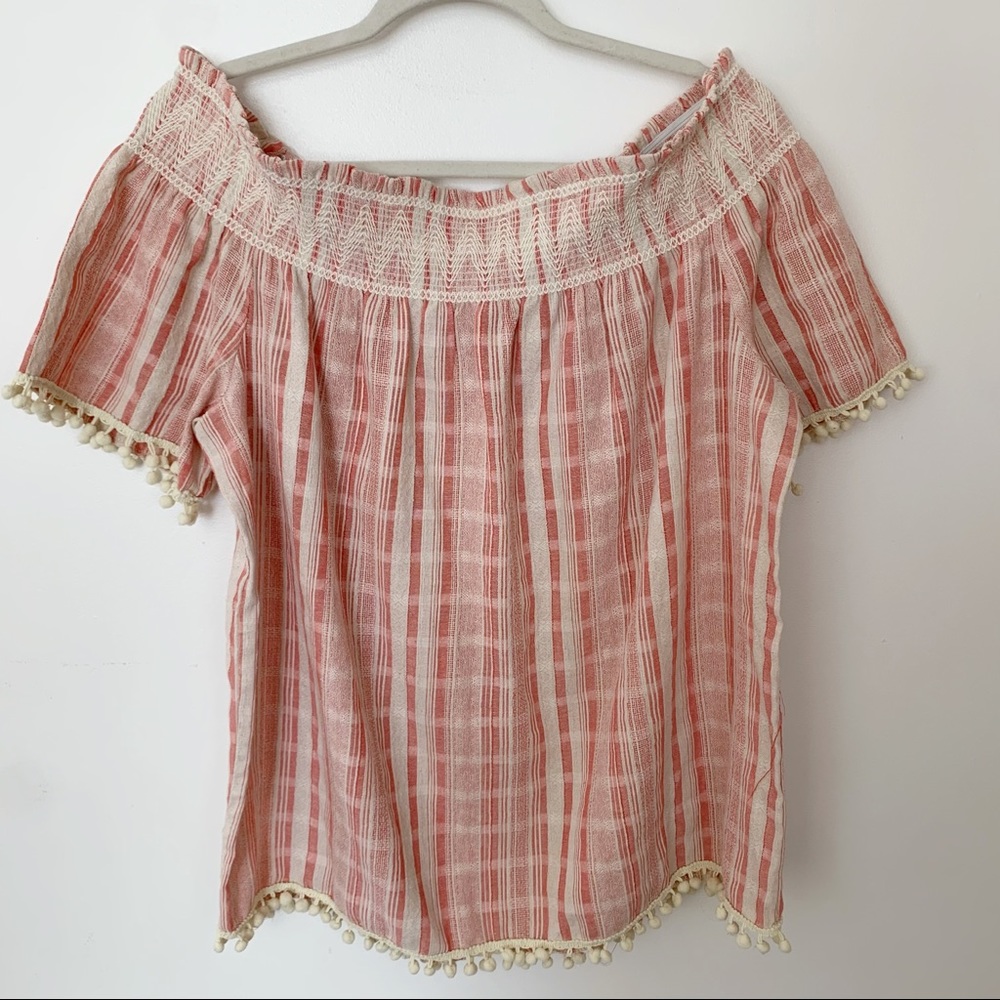 ANTIBES BLANC Off-the-Shoulder Striped Blouse Pink & Cream Size XL